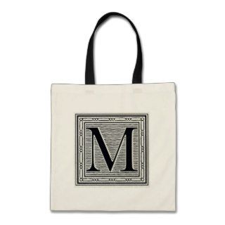 Block Letter "M" Woodcut Woodblock Inital Canvas Bag