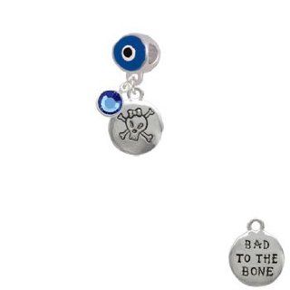 2 D Small Skull with Bow & ''Bad to the Bone'' Circle Blue Evil Eye Charm Bead Dangle with Crystal Drop Delight & Co. Jewelry