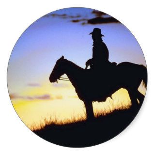 Western Cowboy Sunset Silhouette Round Stickers