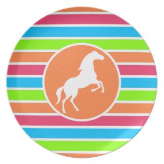 Horse; Neon Orange Pink Blue Green Stripes Dinner Plates