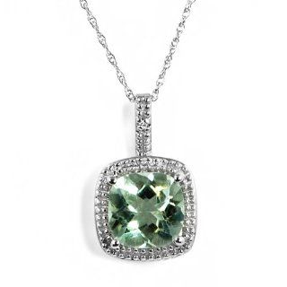 3ct Cushion Cut Green Amethyst and Diamond Pendant Necklace in 10K White Gold 18in. Chain Jewelry
