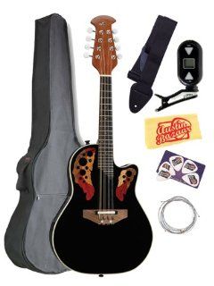 Ovation Applause MAE148 5 Acoustic Electric Mandolin Bundle with Gig Bag, Strings, and Polishing Cloth   Black Musical Instruments