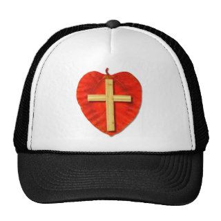 Small wooden cross on red leaf hats