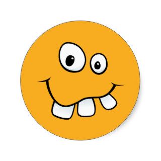 Funny goofy smiley face with big teeth, orange round sticker
