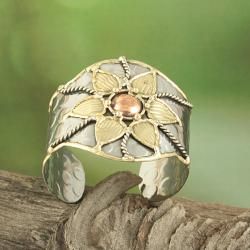Handcrafted Wide Brass Copper Floral Cuff Bracelet (India) Bracelets