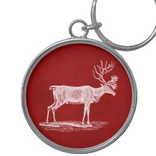 Christmas Reindeer on Red Crimson Parchment Color Keychain
