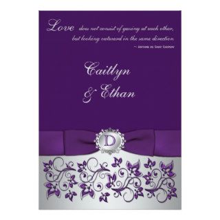 Monogram Purple, Silver Floral Wedding Invitation