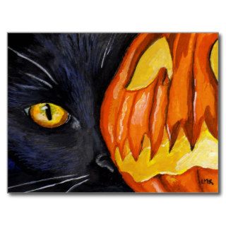 Black Cat & Pumpkin Painting Postcard