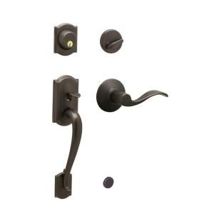 Schlage Camelot Single Cylinder Aged Bronze Handleset with Accent Interior Lever F360 CAM 716 ACC