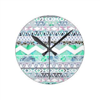 Teal Girly Floral White Abstract Aztec Pattern Clocks