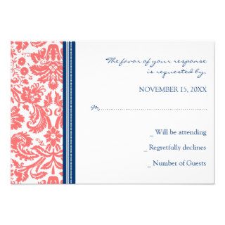 Coral Blue Damask RSVP Wedding Card