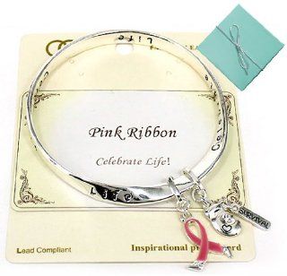 Pink Ribbon Survival Bracelet with Boxing Gloves Charm & Inspirational Card in a Gift Box Crafted by Jewelry Nexus, Celebrate Life "Pink is the color of Strength, the ribbon is a symbol of Hope, Together it is a sign of Victory" Bangle Brace