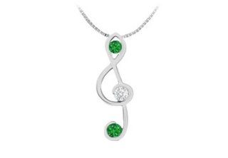 Diamond and Natural Emerald Music Note Pendant in 14K White Gold 0.25 Carat TGW Fine Jewelry Vault Jewelry