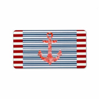 Vintage Blue Red Stripes  Red Nautical Anchor Personalized Address Labels