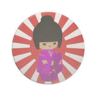 Cute Pink  Kawaii Kokeshi Doll on rising sun Beverage Coaster