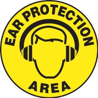 Accuform Signs MFS233 Slip Gard Adhesive Vinyl Round Floor Sign, Legend "EAR PROTECTION AREA" with Graphic, 17" Diameter, Black on Yellow Industrial Floor Warning Signs