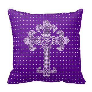 Bling Cross on Purple Glitter Background Pillows