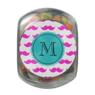 Hot Pink Mustache Pattern, Teal Black Monogram Jelly Belly Candy Jar