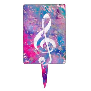 Pink Blue Watercolor Paint Music Note Treble Clef Cake Toppers