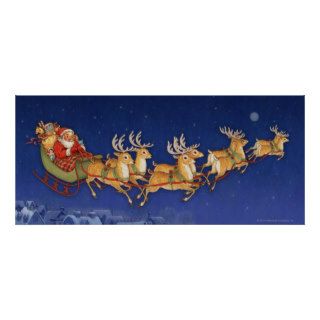 santa flying with reindeer posters