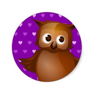 Cute Owl on Purple Heart Pattern Background Round Stickers