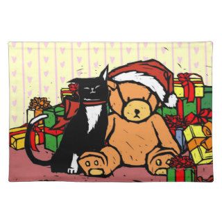 Cat with teddy bear near Christmas tree Placemats