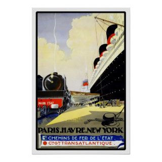 Travel Poster Vintage Paris Havre New York Ship