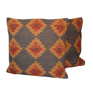 Tribal Indo Kilim Charcoal/Red/Tan Pillows (Set of Two) Throw Pillows