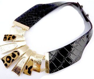 New Design Chunky Leather Wide Chain Horsehair Print Choker Bib Necklace (WIIPU B238) Jewelry