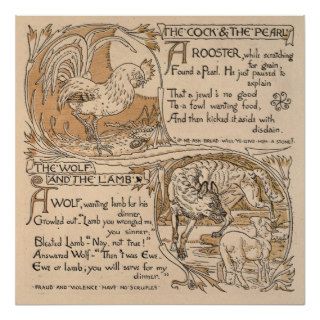 Vintage Walter Crane Rooster & Pearl Wolf & Lamb Print