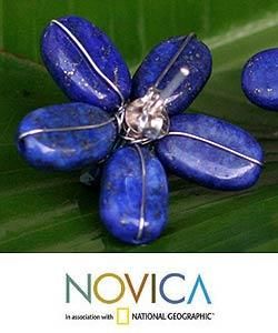 'Blue Flower' Lapis Lazuli Button Earrings (Thailand) Novica Earrings