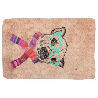 Funny Cute Pig Illustration Teal Hipster Glasses Hand Towels