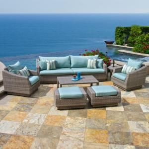 RST Outdoor Cannes 8 Piece Patio Seating Set with Bliss Blue Cushions OP PESS8 CNS BLS K