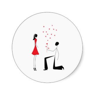 A man giving a flower made of hearts to a woman round stickers