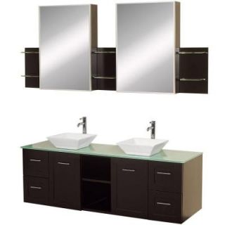 Wyndham Collection Avara 60 in. Vanity in Espresso with Double Basin Glass Vanity Top in Aqua and Medicine Cabinets WCS007SH60ESGRD28WH