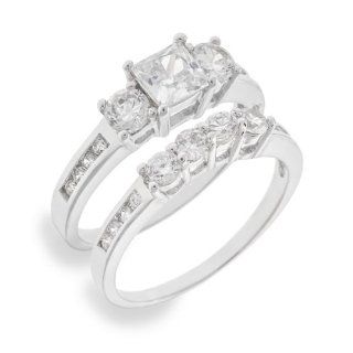 Sterling Silver Engagement Ring & Wedding Band Set Cz Rhodium Plated Jewelry
