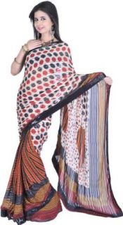 Exotic India Women's Mokaish Sari with Printed Polka Dots Sequins Patch Border Clothing