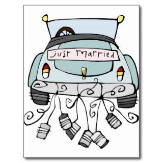 Just married car dragging cans postcard