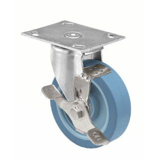 E.R. Wagner Americaster Plate Caster, Swivel with Strap Brake, Dust Cover, TPR Rubber on Polyolefin Wheel, Roller Bearing, 300 lbs Capacity, 5" Wheel Dia, 1 1/2" Wheel Width, 6 3/8" Mount Height, 4 5/8" Plate Length, 3 3/4" Plate W