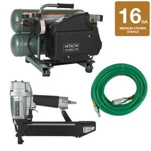 Hitachi 3 Piece 7/16 in. Crown Stapler, 4 Gal. Electric Compressor and 25 ft. Air Hose Kit KCT 5008 H