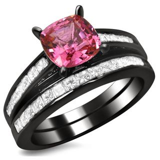 14k Black Gold 1ct TDW Cushion cut Diamond and Pink Sapphire Engagement Ring Bridal Set (G H, SI1 SI2) Bridal Sets