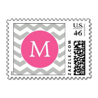 Gray and Pink Monogram Chevron Stripes Postage Stamp