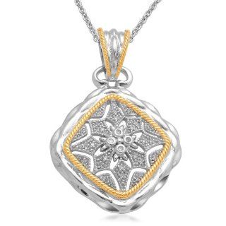 Jewelili 14K Gold Plated Sterling Silver Square Shape Diamond Pendant (1/10 Cttw, IJ Colour, I3 Clarity), 18" Pendant Enhancers Jewelry