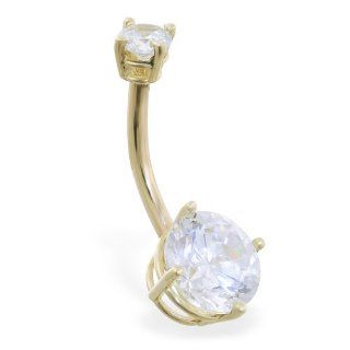 14K Solid Gold Double Jeweled Clear CZ Belly Ring Jewelry