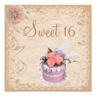 Chic Pink Roses Cake Sweet 16 Personalized Invites
