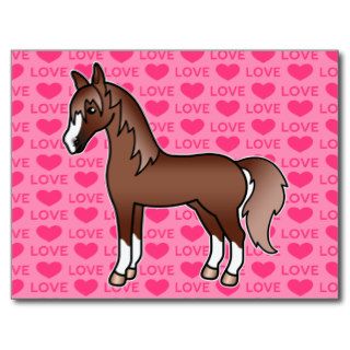 Chestnut Brown Cartoon Horse Love Hearts Post Cards