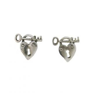 Sterling Silver Heart Lock and Key Post Earrings Clothing