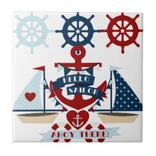 Nautical Hello Sailor Anchor Sail Boat Design Ceramic Tile