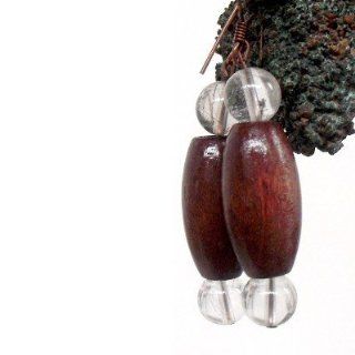 Quartz Earrings 17 Clear Round Stone Brown Wood Copper Chunky Gem 2" (Gift Box) Jewelry