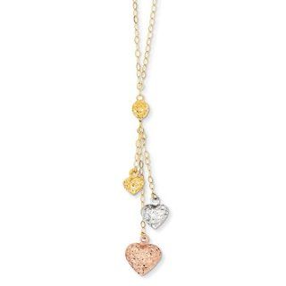 14k Tri Color Puff Heart Lariat With 2in Ext Necklace Jewelry